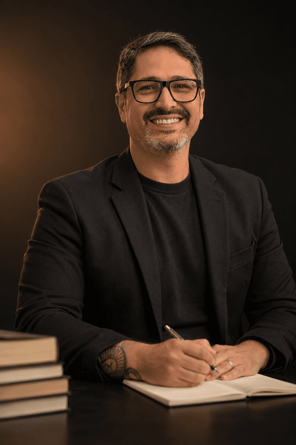 Retrato de Rodrigo Gambini sentado à mesa, escrevendo em um caderno, com uma pilha de livros ao lado
