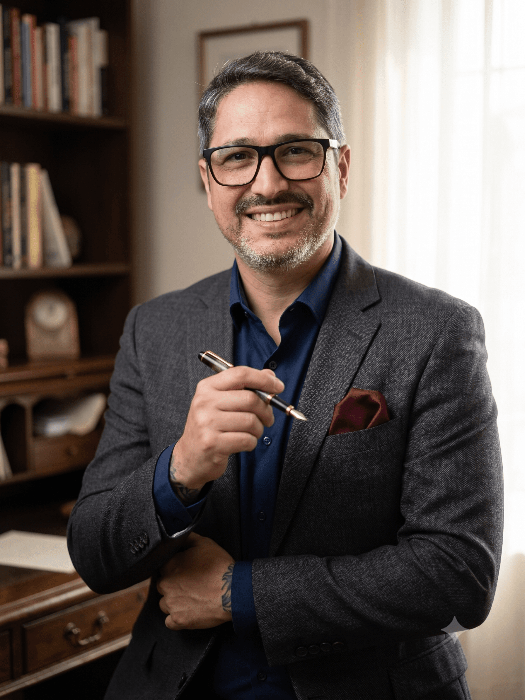 Retrato de Rodrigo Gambini em pé, em um escritório com estante de livros, segurando uma caneta